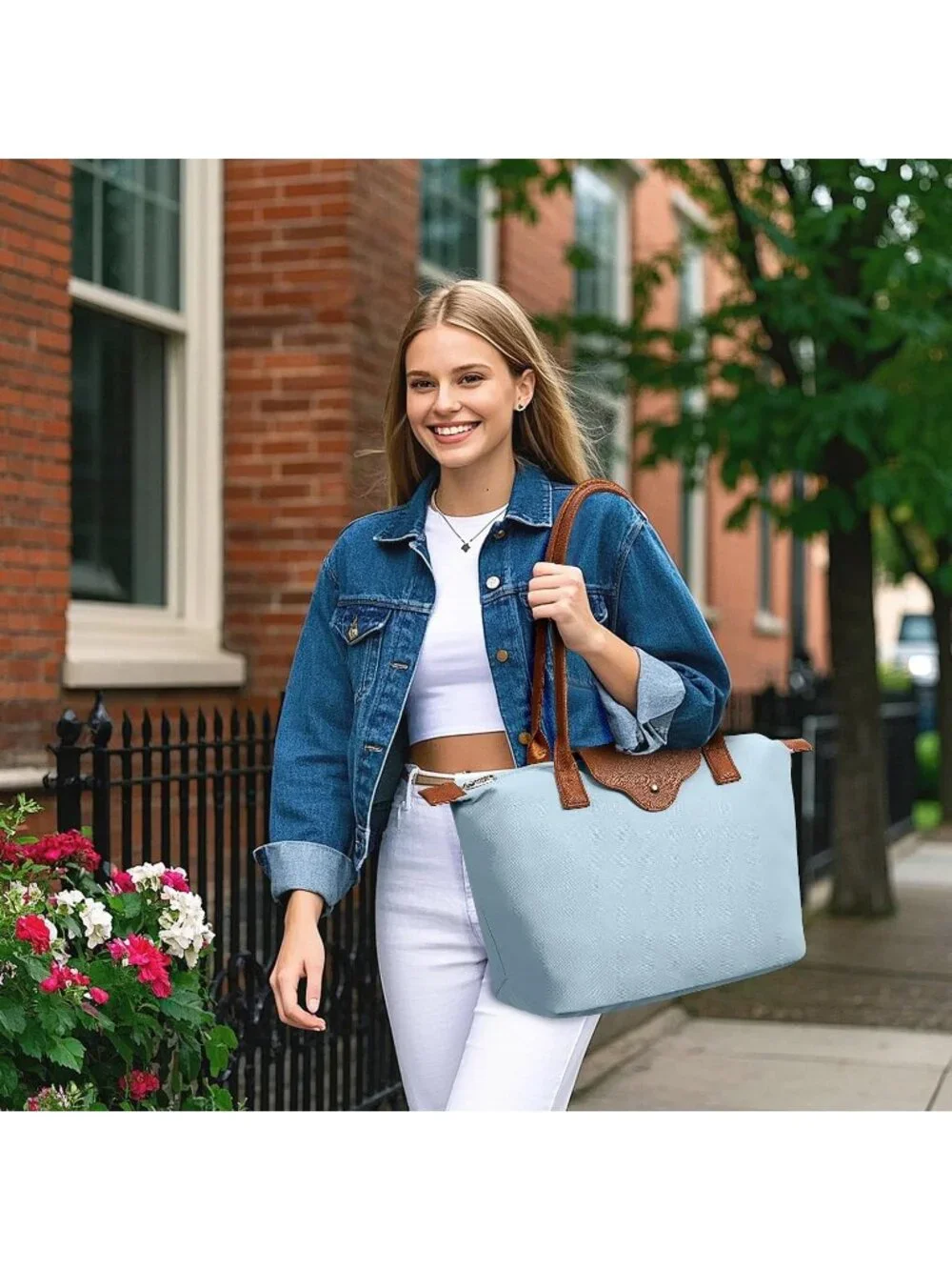 👜Women's Sky Blue Nylon Tote Bag Large Capacity Shoulder Handbag With Zipper